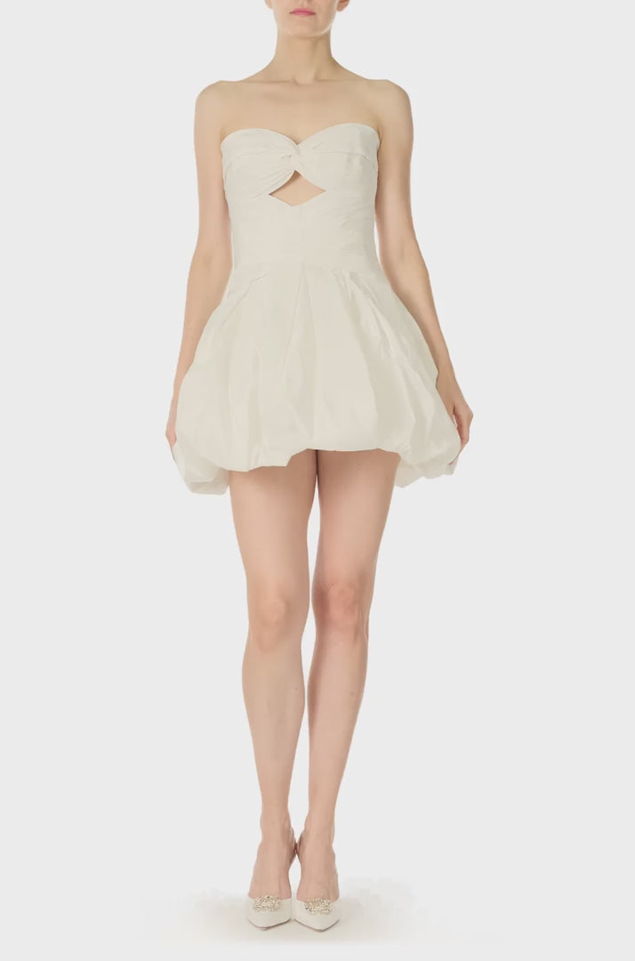 Monique Lhuillier 'Mon Cheri' strapless cocktail dress with sweetheart, peek-a-boo bodice and bubble-hem skirt in silk white taffeta fabric - video.