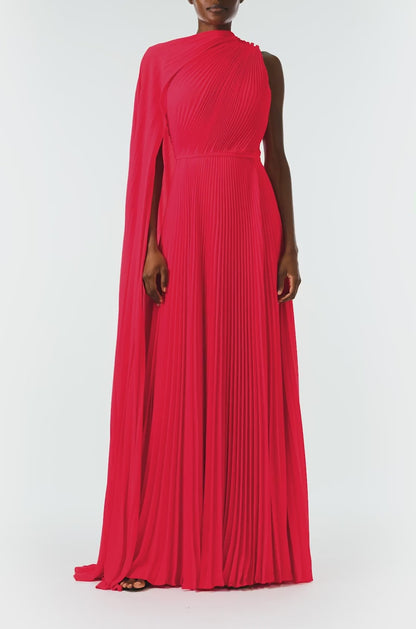 Monique Lhuillier Fall 2024 One shoulder gown with attached, asymmetric-pleated cape in Scarlet Georgette - video.