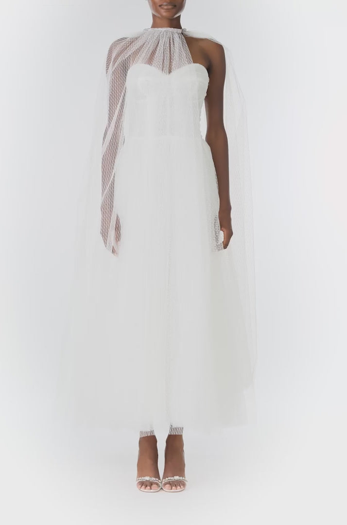 Monique Lhuillier "Brie Cape" Silk White sheer cape in French Dot Tulle with embroidered neckline - video.