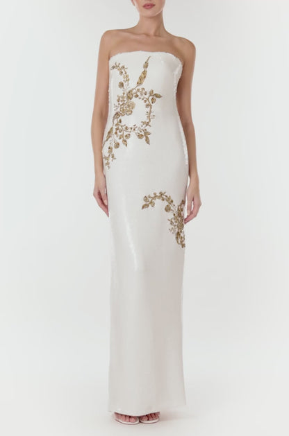 Monique Lhuillier strapless sequin column gown in silk white sequins and gold embroidery.