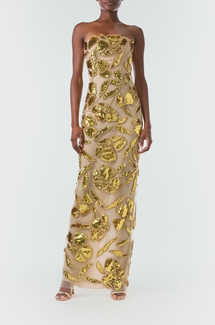 Monique Lhuillier Fall 2024 strapless column gown in gold embroidered tulle - video.