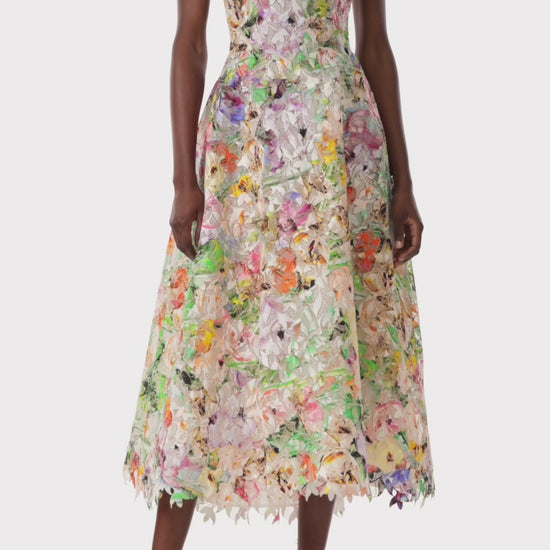 Monique Lhuillier floral printed lace midi dress.