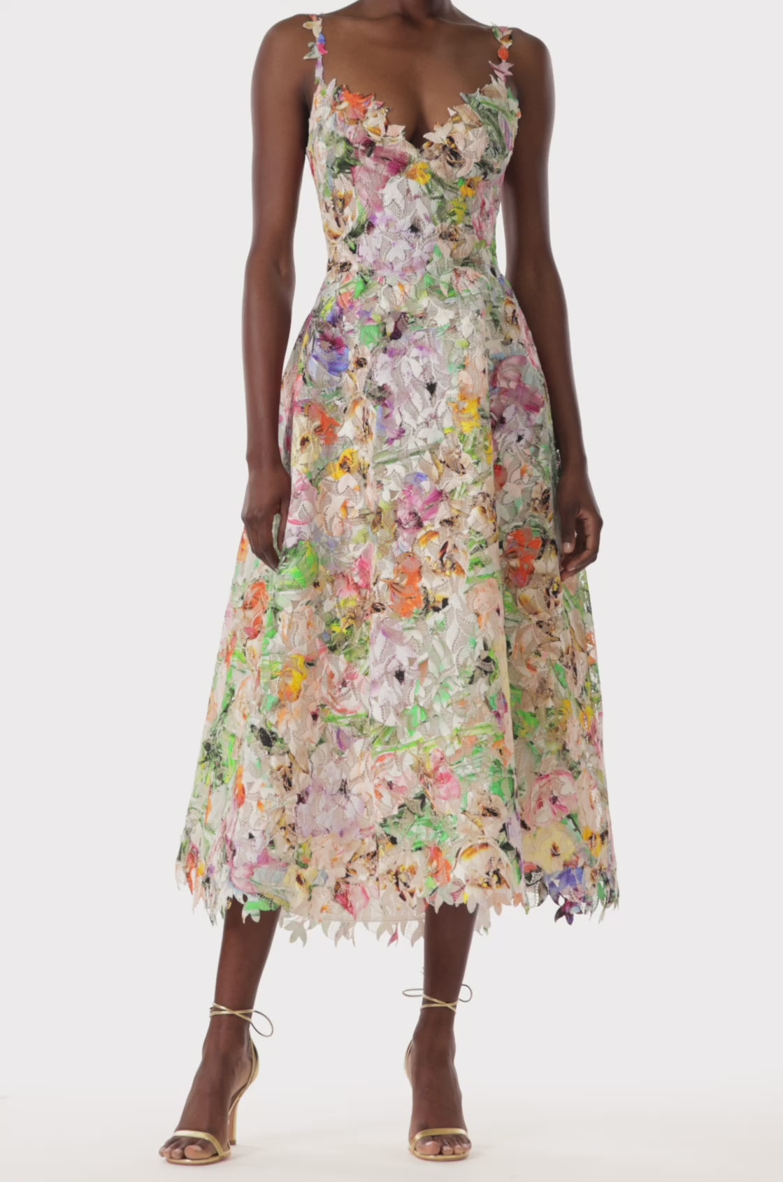 Monique Lhuillier floral printed lace midi dress.