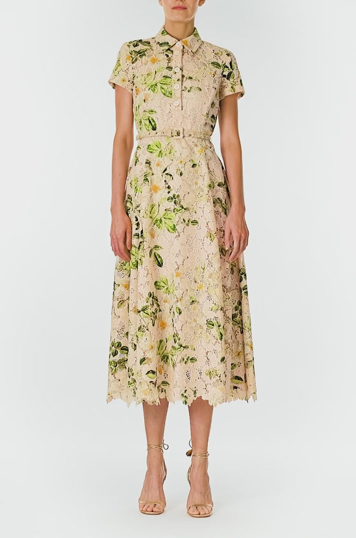 Monique Lhuillier Spring 2025 Rose printed lace shirt dress with short sleeves, button front bodice, self-fabric belt at waist and midi length skirt - video.