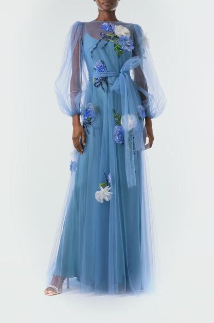 Long Sleeve Embroidered Tulle Gown