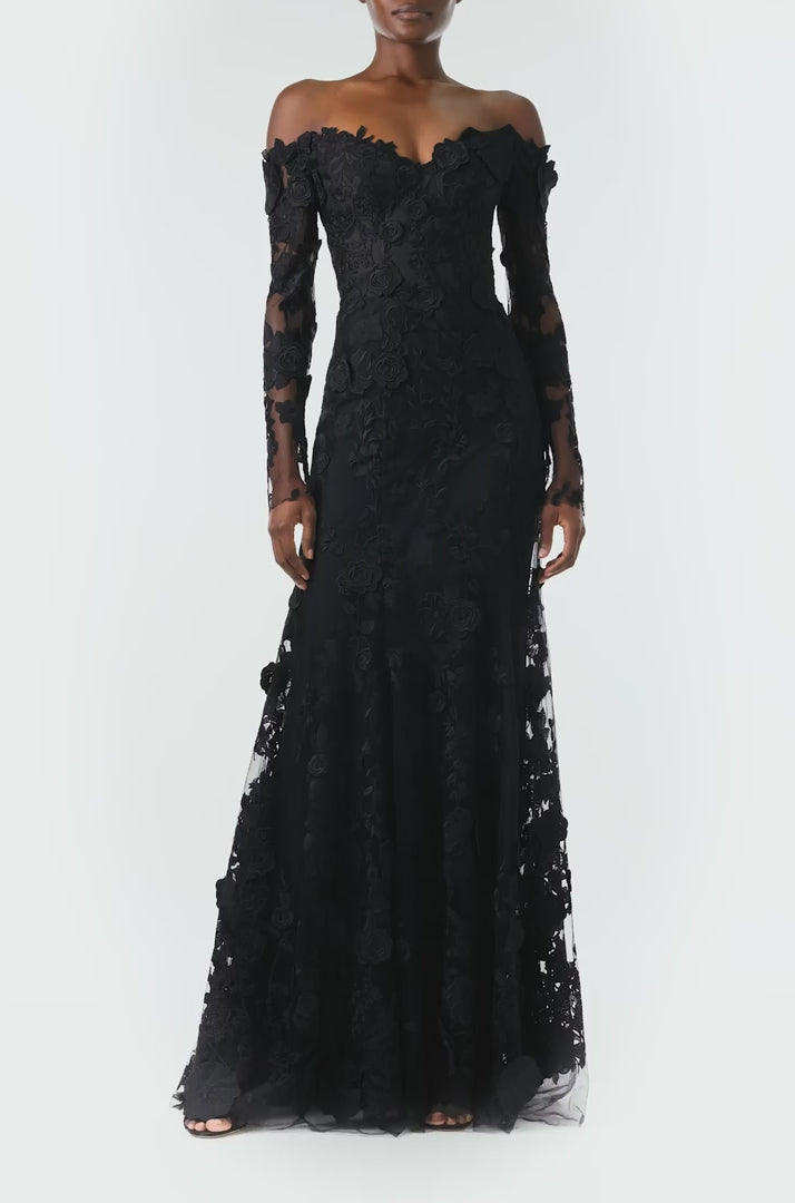 Monique Lhuillier Fall 2024 Long sleeve black lace trumpet gown with off-the-shoulder sweetheart neckline and unlined sleeves - video.