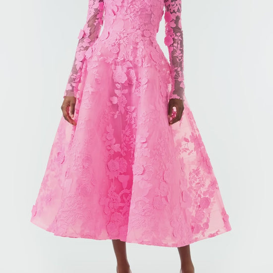 Monique Lhuillier Fall 2024 high neck, long sleeve pink lace jacket with hook and eye closure - video.