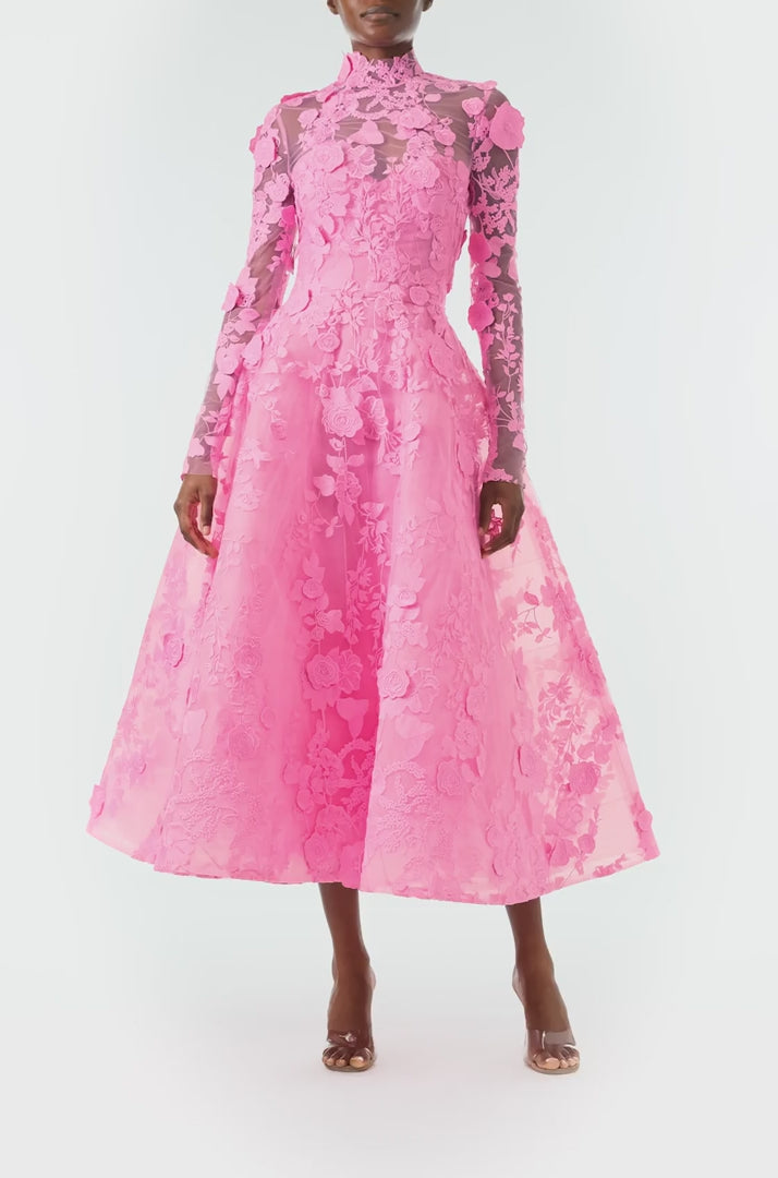 Monique Lhuillier Fall 2024 high neck, long sleeve pink lace jacket with hook and eye closure - video.