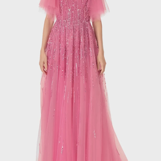 Monique Lhuillier Fall 2024 dahlia pink, embroidered tulle flutter sleeve gown with jewel neckline - video.