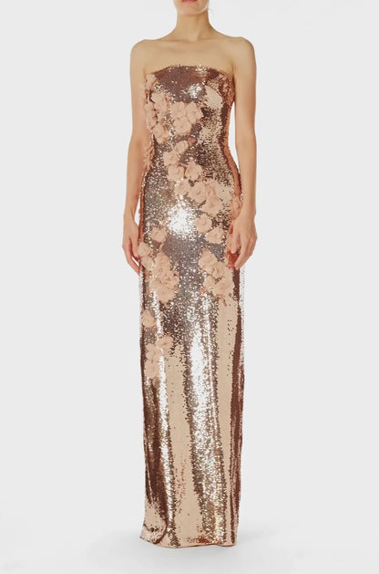 Monique Lhuillier Spring 2025 strapless floral embroidered column gown in Rose Gold sequins and tonal embroidery - video.