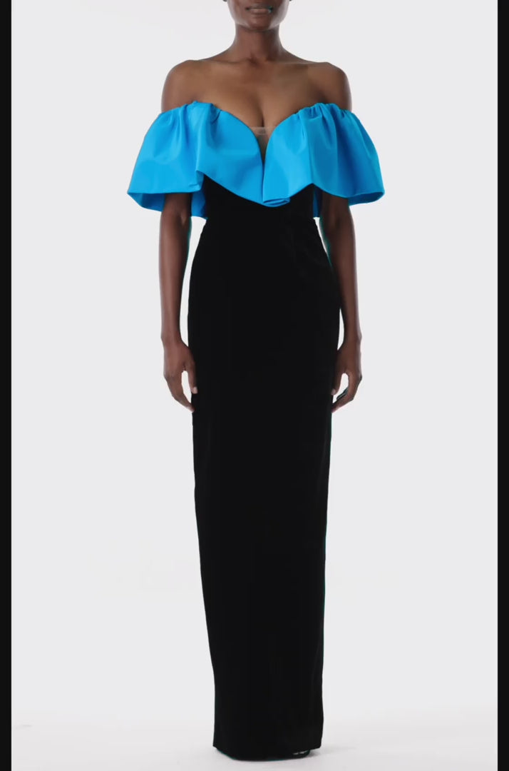 Monique Lhuillier off the shoulder gown in cobalt blue faille bodice and noir velvet skirt.