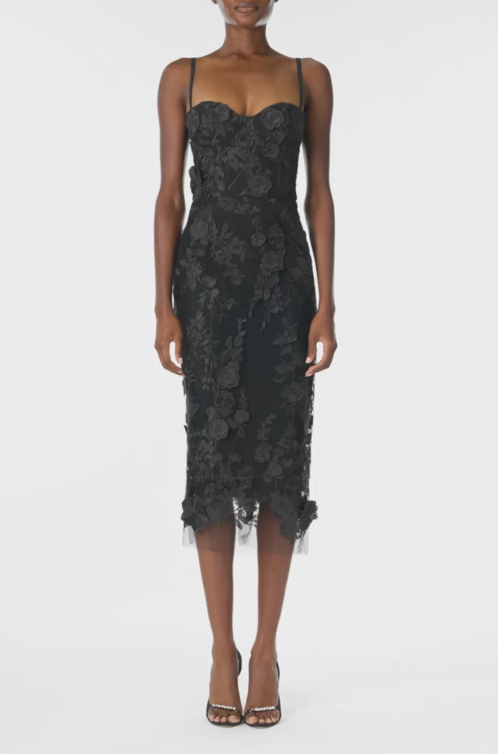 Monique Lhuillier Fall 2024 Spaghetti strap lace midi dress with corseted bodice in Noir 3D lace - video.