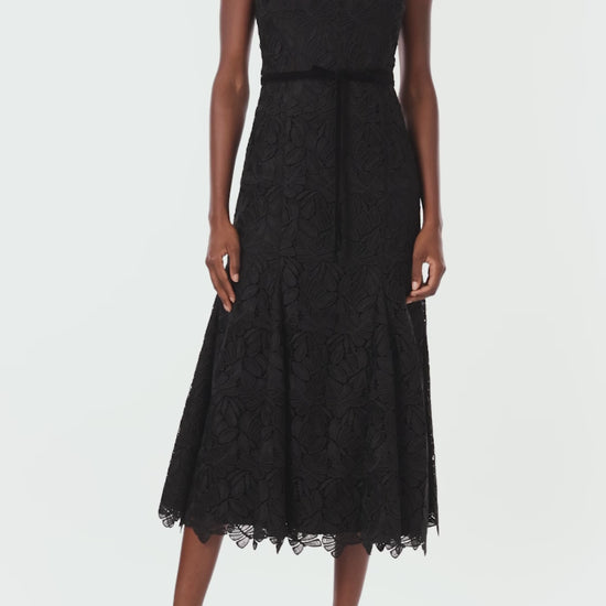 ML Monique Lhuillier strapless black lace dress with ribbon accent at waist.