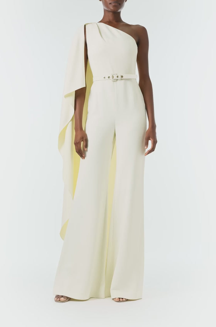Monique Lhuillier Fall 2024 one shoulder draped jumpsuit with cascading sleeve and belt at waist - video.
