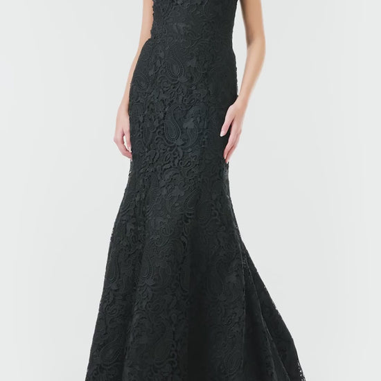 Monique Lhuillier strapless black lace mermaid gown  - video.