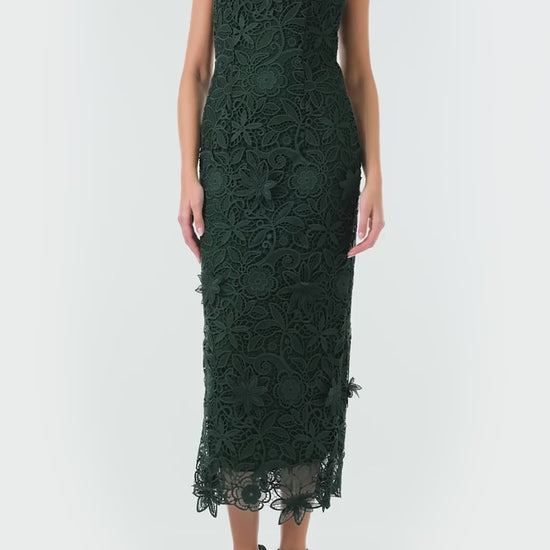 Monique Lhuillier Fall 2024 Strapless, Juniper lace sheath dress with lace scalloped neckline and hem - video.