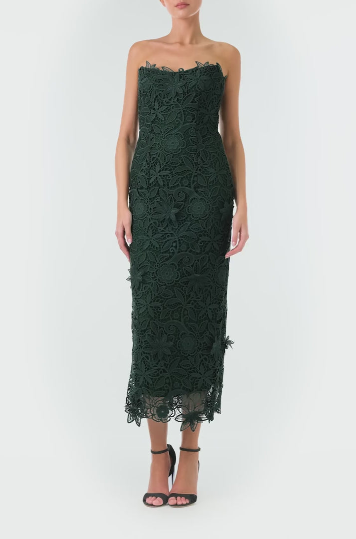 Monique Lhuillier Fall 2024 Strapless, Juniper lace sheath dress with lace scalloped neckline and hem - video.