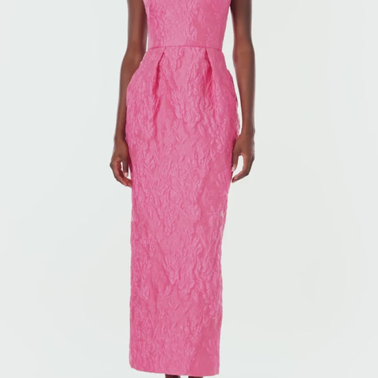 Monique Lhuillier Spring 2024 strapless midi length dress in fuchsia jacquard with tulip skirt and pockets - front.