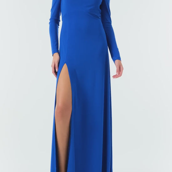 Monique Lhuillier Fall 2024 long sleeve, cobalt jersey gown with knotted keyhole neckline, low v-back and high skirt slit - video.