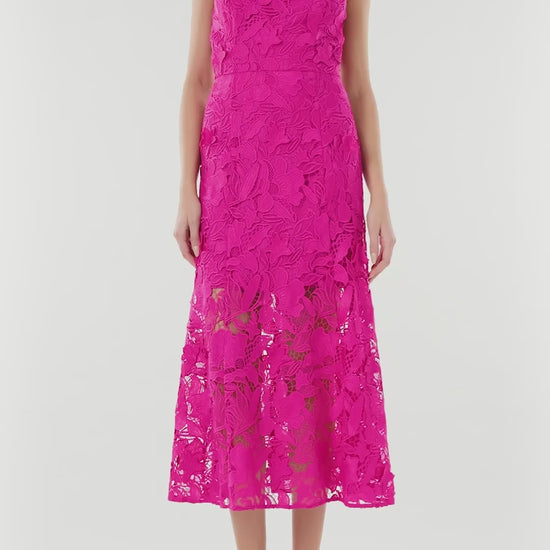 ML Monique Lhuillier sleeveless midi dress in 3D berry colored lace