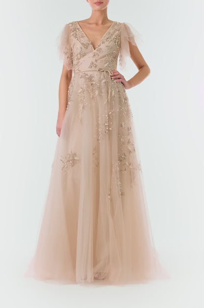 Monique Lhuillier Fall 2024 gold embroidered, flutter sleeve tulle gown with V-neckline and dainty velvet sash at waist - video.