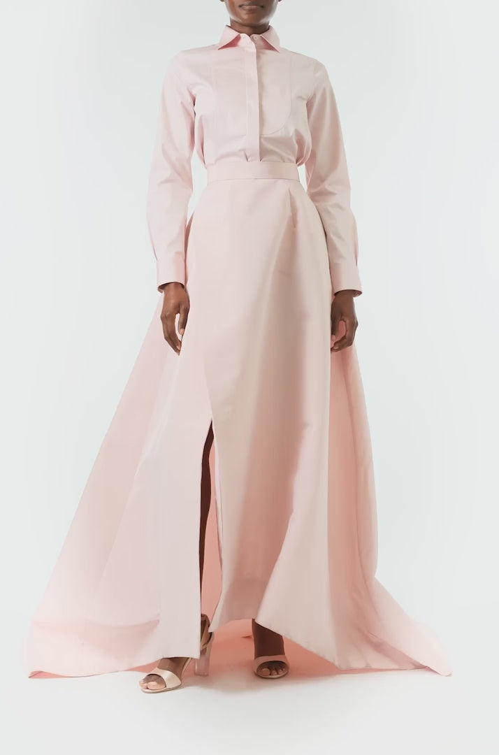 Monique Lhuillier Fall 2024 Full ball skirt with high leg slit and pockets in Pale Blush faille fabric - video.