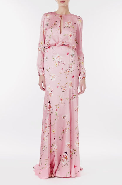 Monique Lhuillier peony floral long sleeve gown with keyhole bodice and draped back.