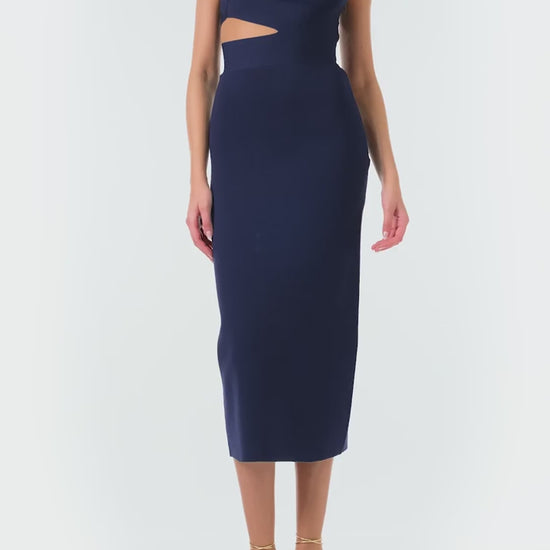 Monique Lhuillier Fall 2024 one shoulder, navy knit midi dress with side midriff and back cutouts - video.