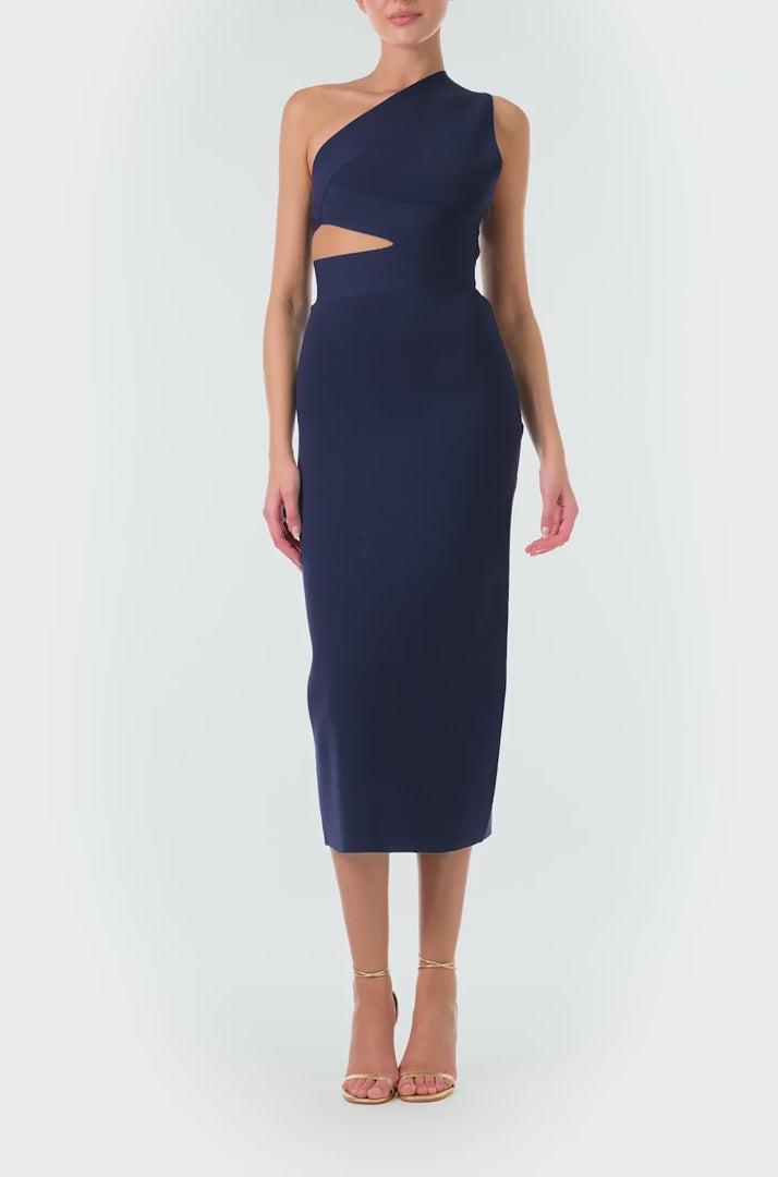 Monique Lhuillier Fall 2024 one shoulder, navy knit midi dress with side midriff and back cutouts - video.