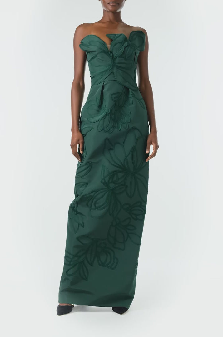 Monique Lhuillier Fall 2024 Strapless, floral embroidered column gown with asymmetric neckline and nude tulle insert in Juniper green - video.