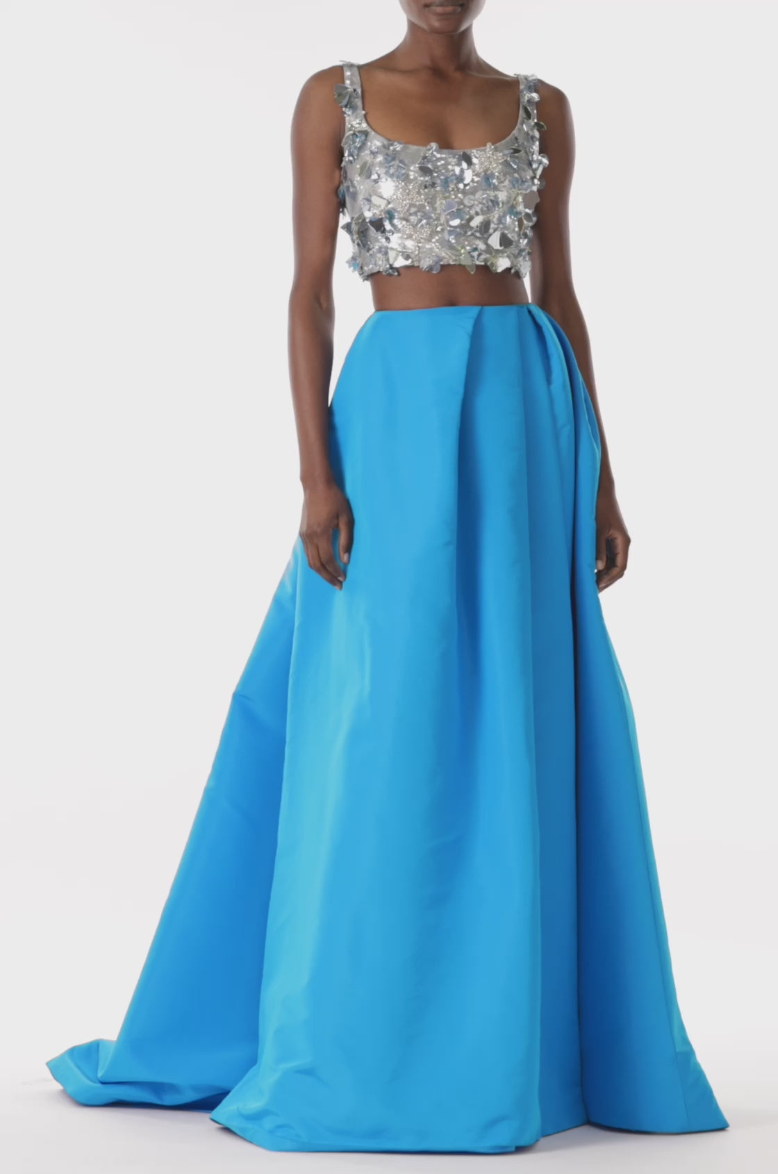 Monique Lhuillier cobalt blue silk faille ballgown skirt with pockets and high slit.  Shown with a silver embroidered crop top.