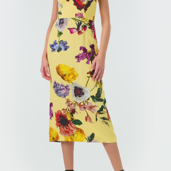 Monique Lhuillier Fall 2024 Spaghetti strap midi dress with corseted bodice in Soleil/Multi floral printed crepe - video.