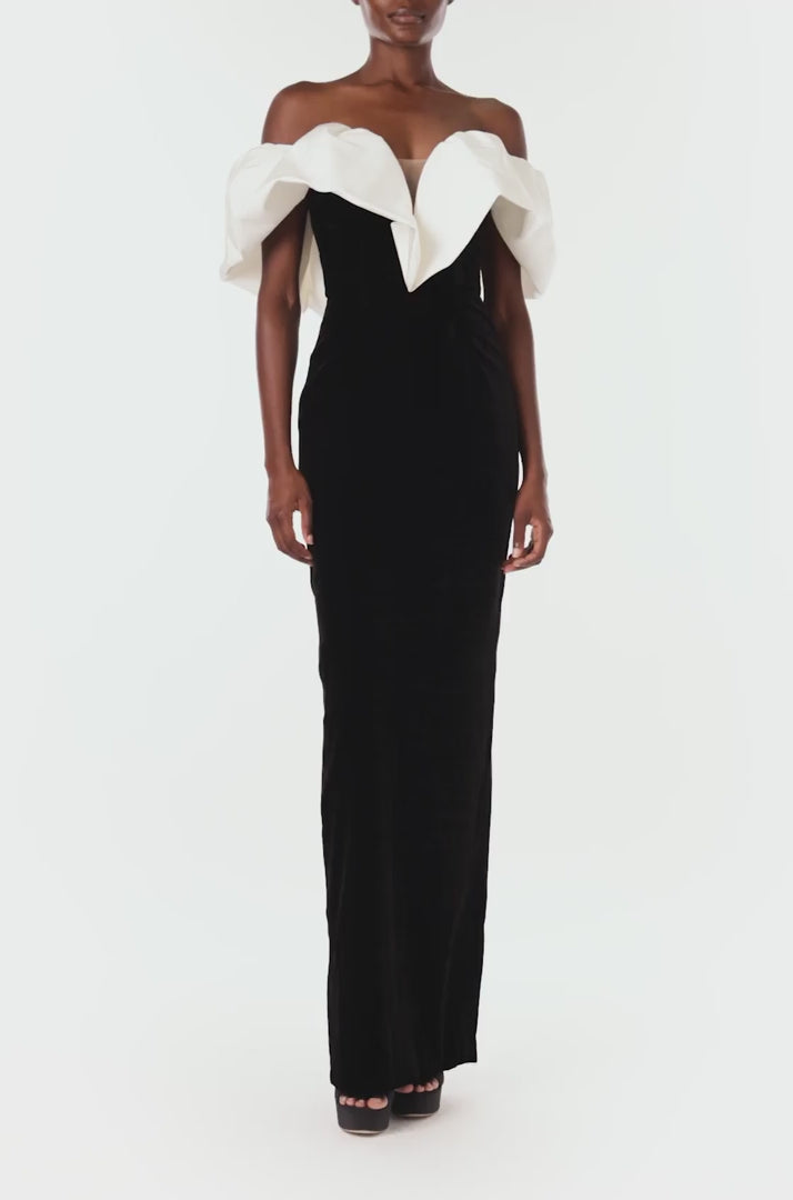 Monique Lhuillier off the shoulder gown in silk white faille bodice and noir velvet skirt.