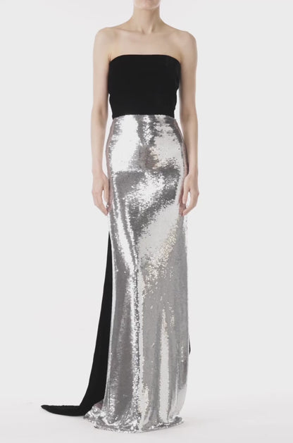 Monique Lhuillier strapless gown in silver sequins and noir velvet.