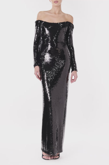 Monique Lhuillier long sleeve gown in black sequin.