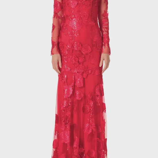 Monique Lhuillier Fall 2024 Scarlet red long sleeve embroidered tulle gown with high neckline and separate slip lining - video.