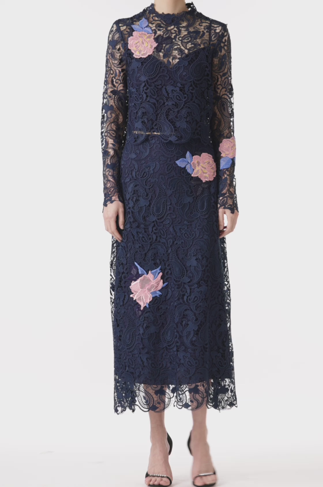 Monique Lhuillier long sleeve navy lace top with pink lace flowers.