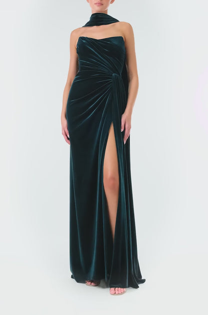 Monique Lhuillier Fall 2024 Strapless, draped column gown with scarf and high leg slit in Dark Teal stretch velour - video.