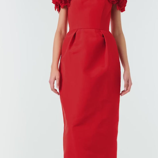 Monique Lhuillier Fall 2024 red silk faille, off the shoulder column gown with floral applique neckline - video.