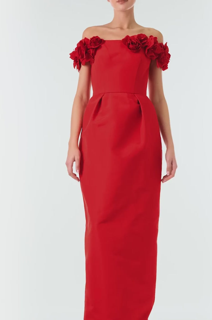 Monique Lhuillier Fall 2024 red silk faille, off the shoulder column gown with floral applique neckline - video.