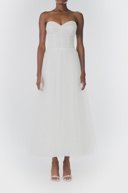 Monique Lhuillier "Brie Dress". 
 Strapless, tea length dress with sweetheart neckline in French Dot Tulle - video.