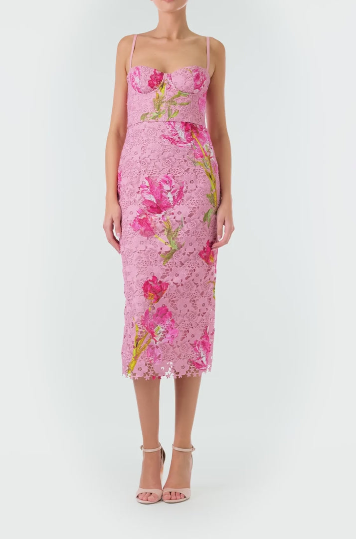 Monique Lhuillier Fall 2024 pink tulip printed lace midi dress with corseted bodice and spaghetti straps - video.