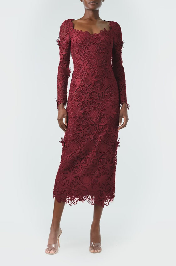 Monique Lhuillier Fall 2024 Long sleeve, scoop neck sheath in Merlot Daisy Guipure lace - video.