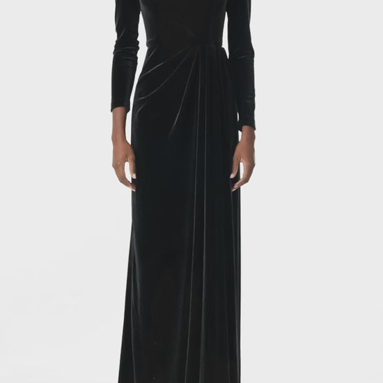 Monique Lhuillier Fall 2024 long sleeve gown with square neckline, front skirt draping and detached neck scarf in noir stretch velour - video.