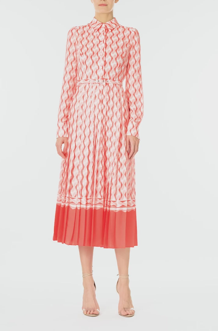 Monique Lhuillier Spring 2025 Long sleeve pleated button-down midi dress with collared neckline and belt at waist in Rosette colored Geo printed georgette fabric - video.