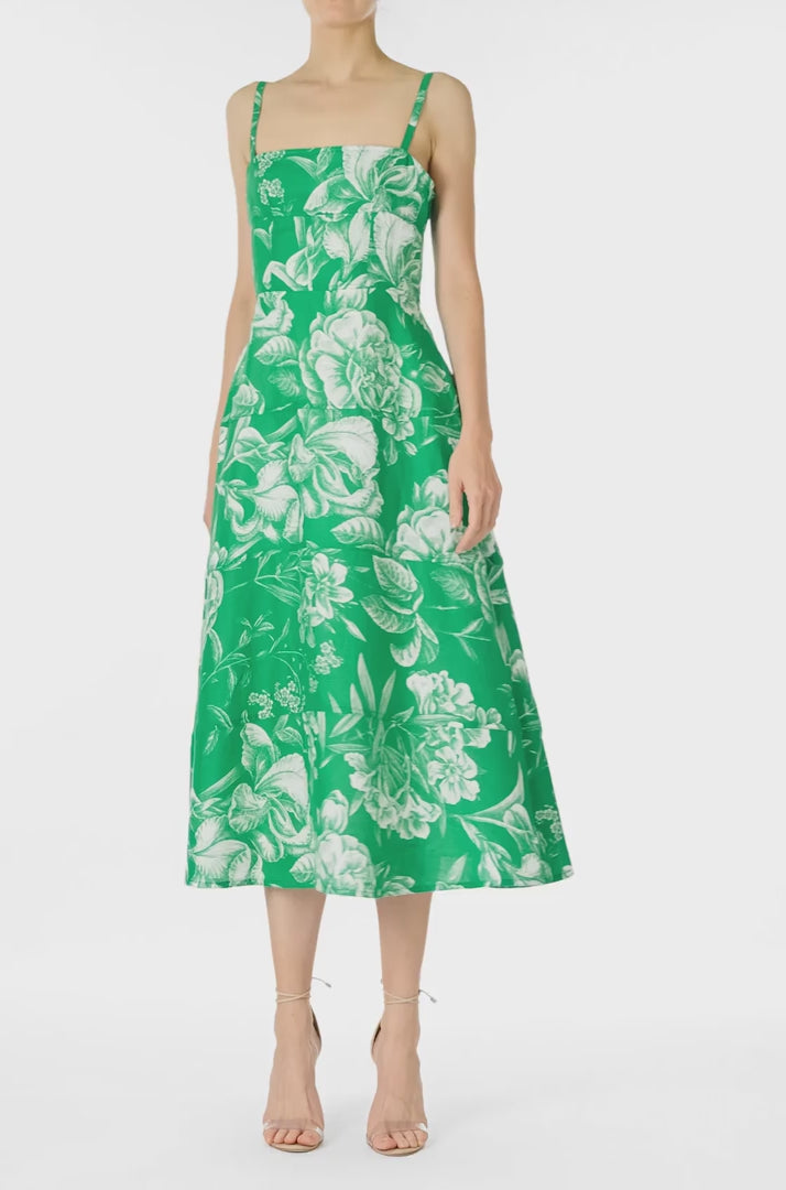 Monique Lhuillier Spring 2025 Grass & silk white floral toile printed linen tailored day dress with spaghetti straps - video.