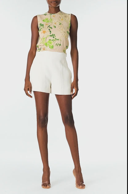 Monique Lhuillier Spring 2025 rose printed knit sleeveless shell in Bellini Multi color - video.