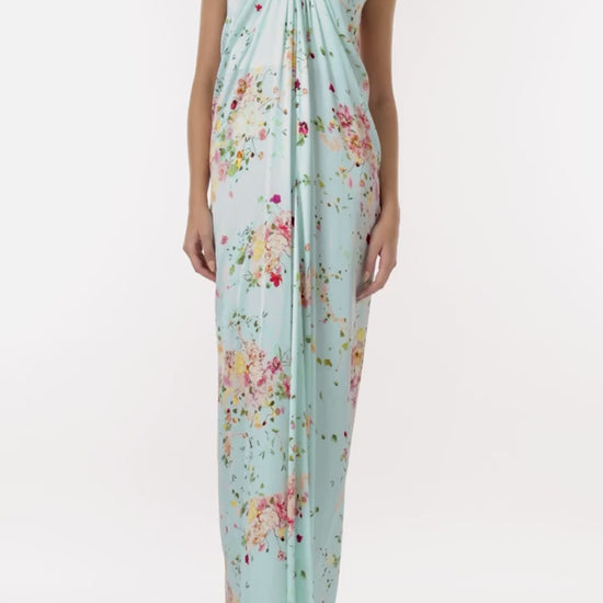 Monique Lhuillier strapless draped gown in pistachio floral print fabric.