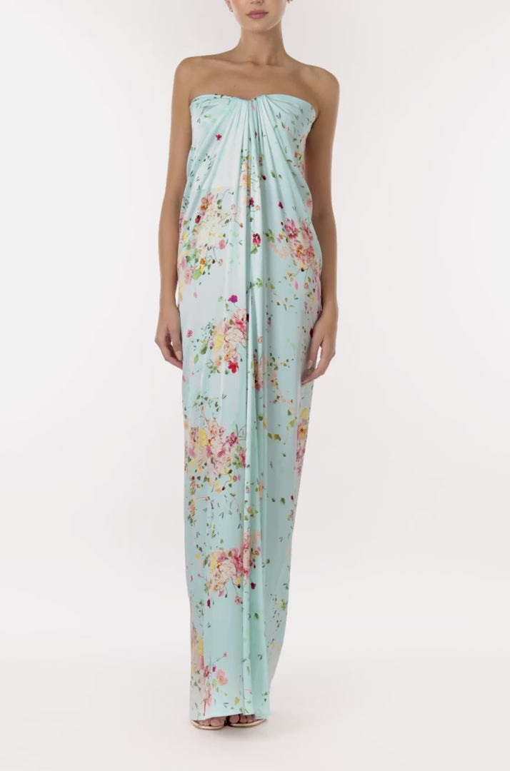 Monique Lhuillier strapless draped gown in pistachio floral print fabric.