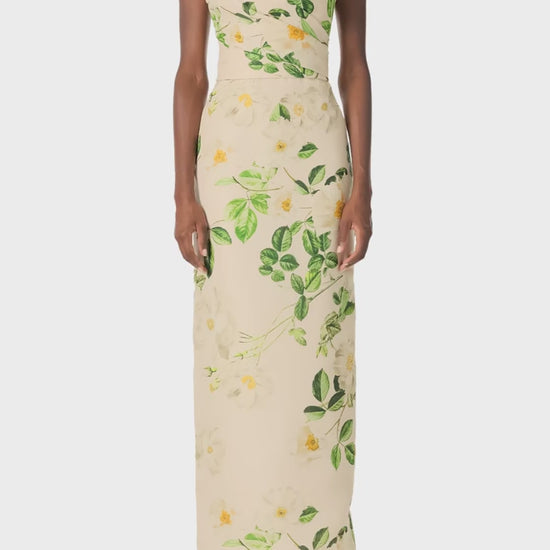 Monique Lhuillier Spring 2025 Strapless, rose printed gazar column gown with sweetheart neckline and draped bodice - video.